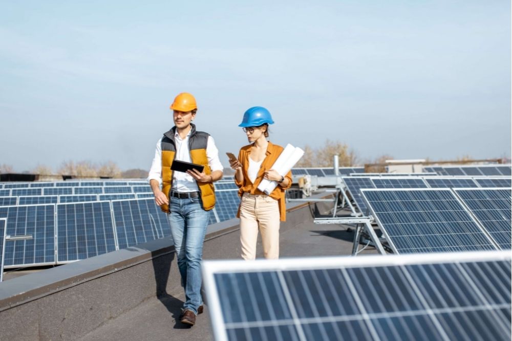engineers inspecting a solar farm
